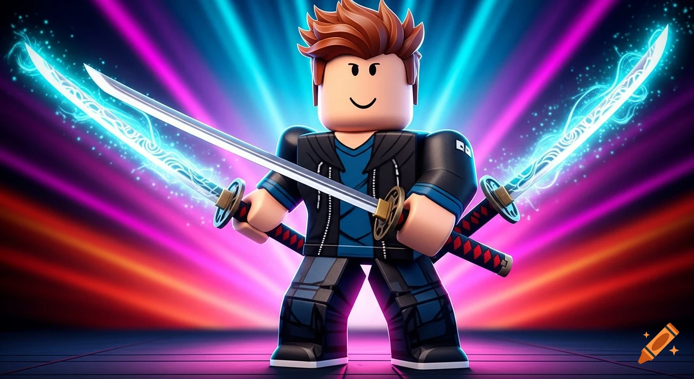 A Roblox character with spiky brown hair, wearing a black and blue jacket, holding two glowing blue katanas against a vibrant neon background.