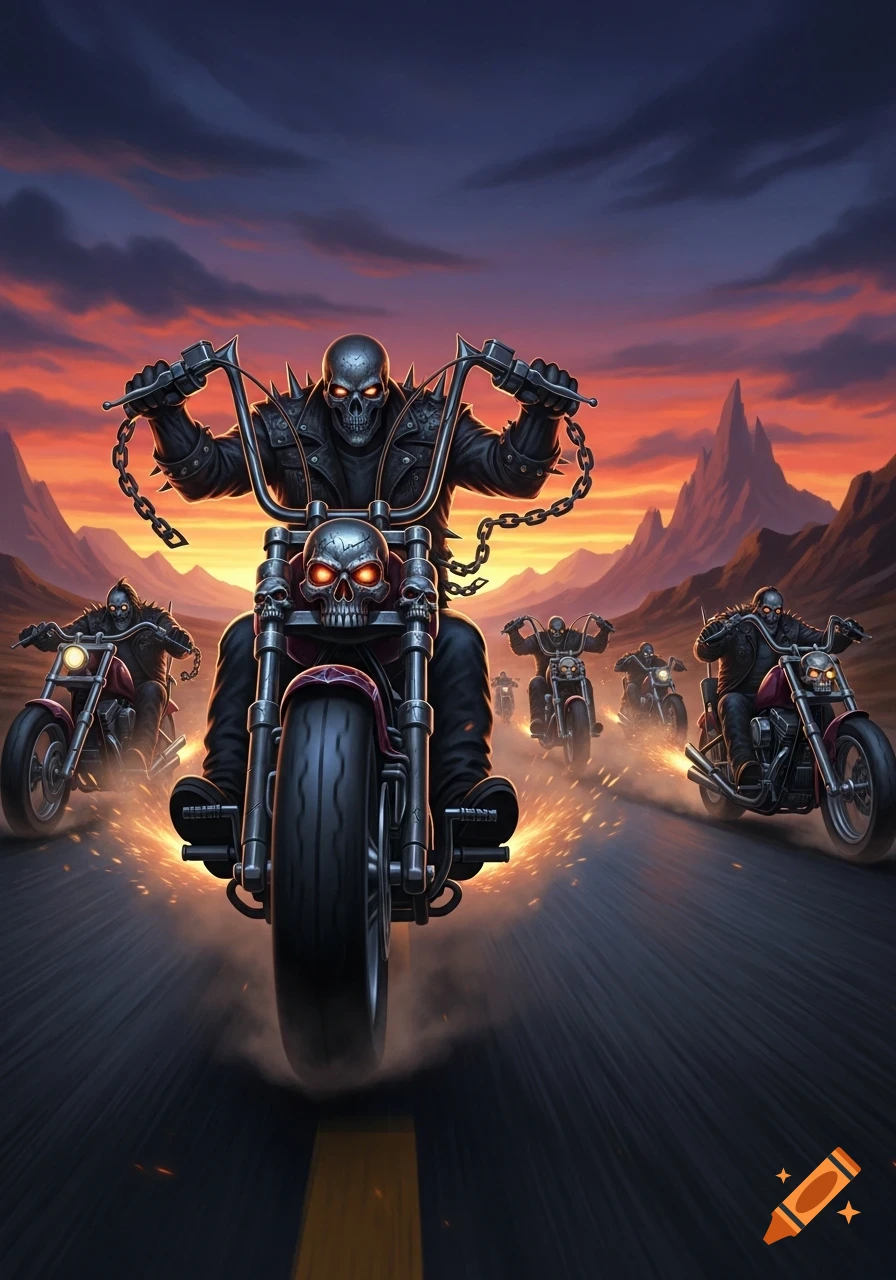 A group of skeletal bikers with glowing eyes ride motorcycles down a road at sunset, in a dark fantasy illustration style.