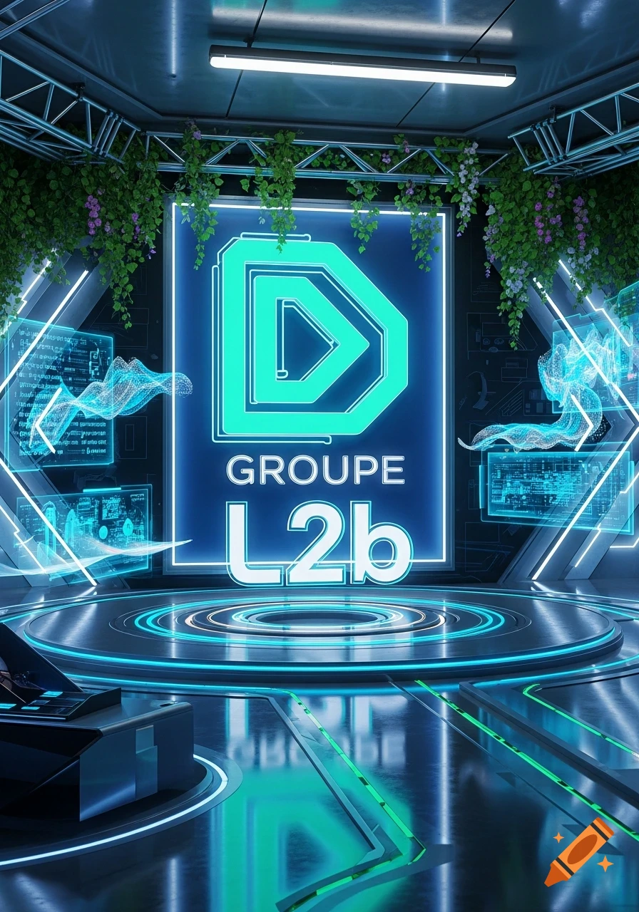 Futuristic stage with a glowing green and blue logo for 'GROUPE L2b' surrounded by holographic screens and hanging plants.
