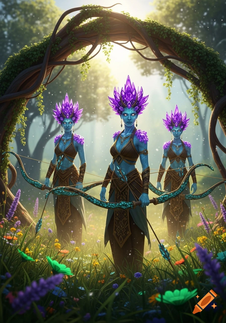 Three blue-skinned elven archers with purple crystal crowns and glowing eyes stand in a magical forest, holding ornate bows.