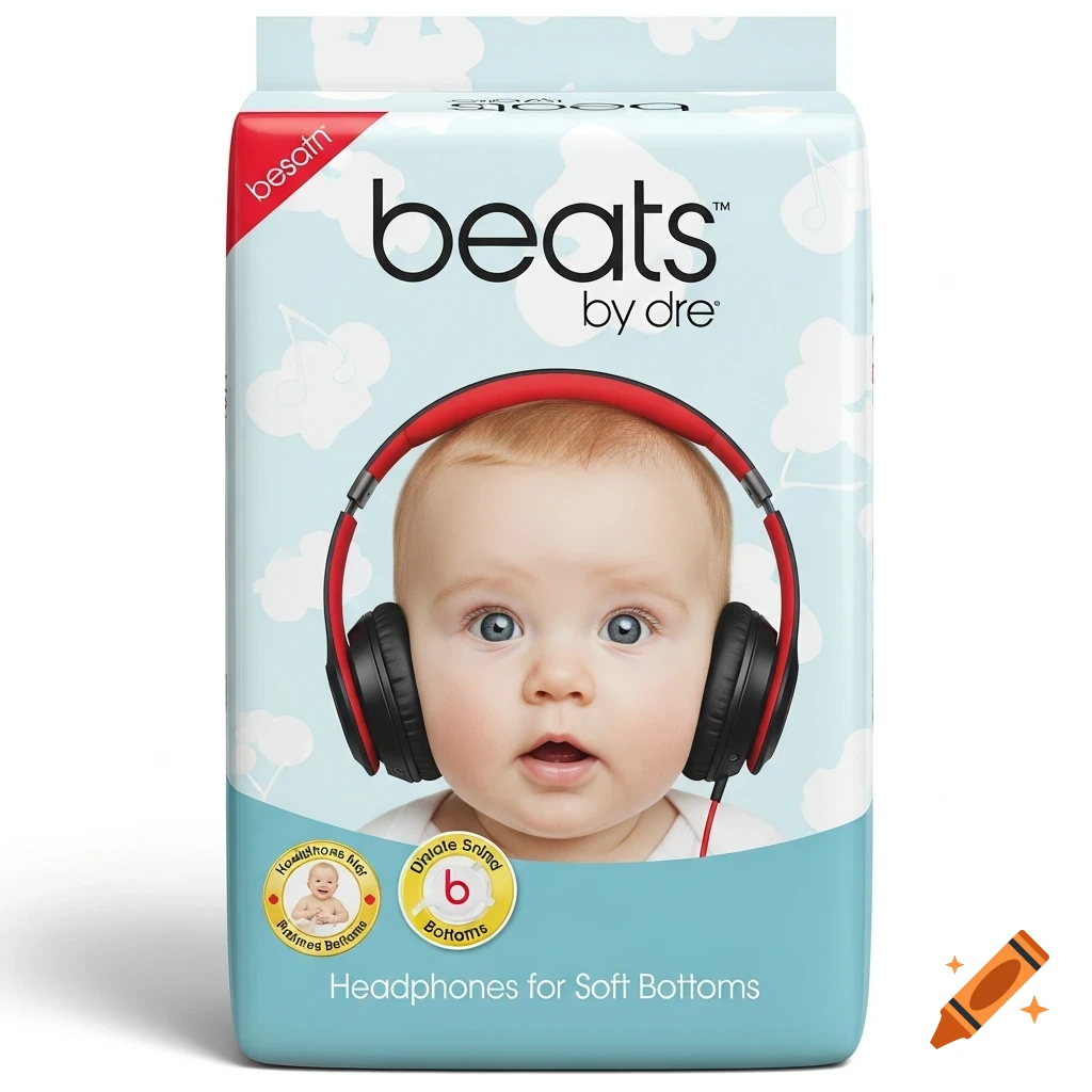 A pack of diapers with a baby wearing red Beats by Dre headphones on the cover. Text says "beats by dre" and "Headphones for Soft Bottoms".