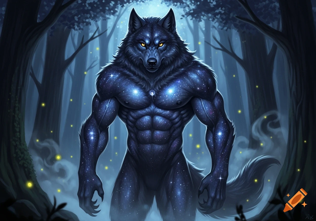 A muscular, dark-furred werewolf with a starry body and glowing yellow eyes stands in a mystical, dark forest with glowing fireflies.