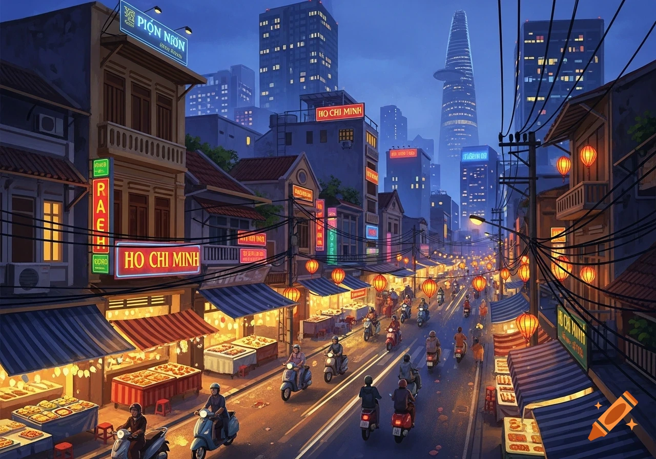 An evening street scene in an Asian city, with illuminated market stalls, many motorbikes on the road, and buildings with glowing neon signs. A tall, modern skyscraper is visible in the background.