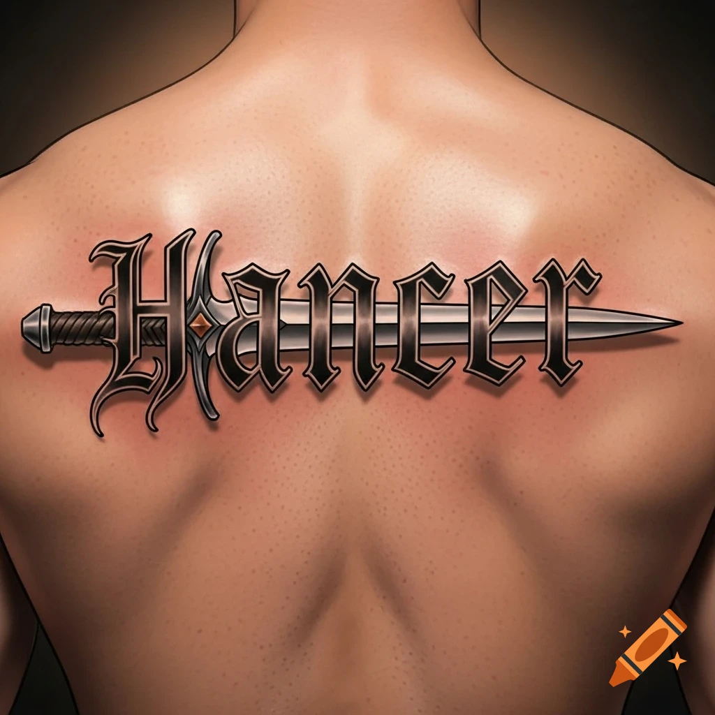 Detailed tattoo of the name 'Hancer' in Gothic font, pierced by a silver dagger, on a man's bare back.