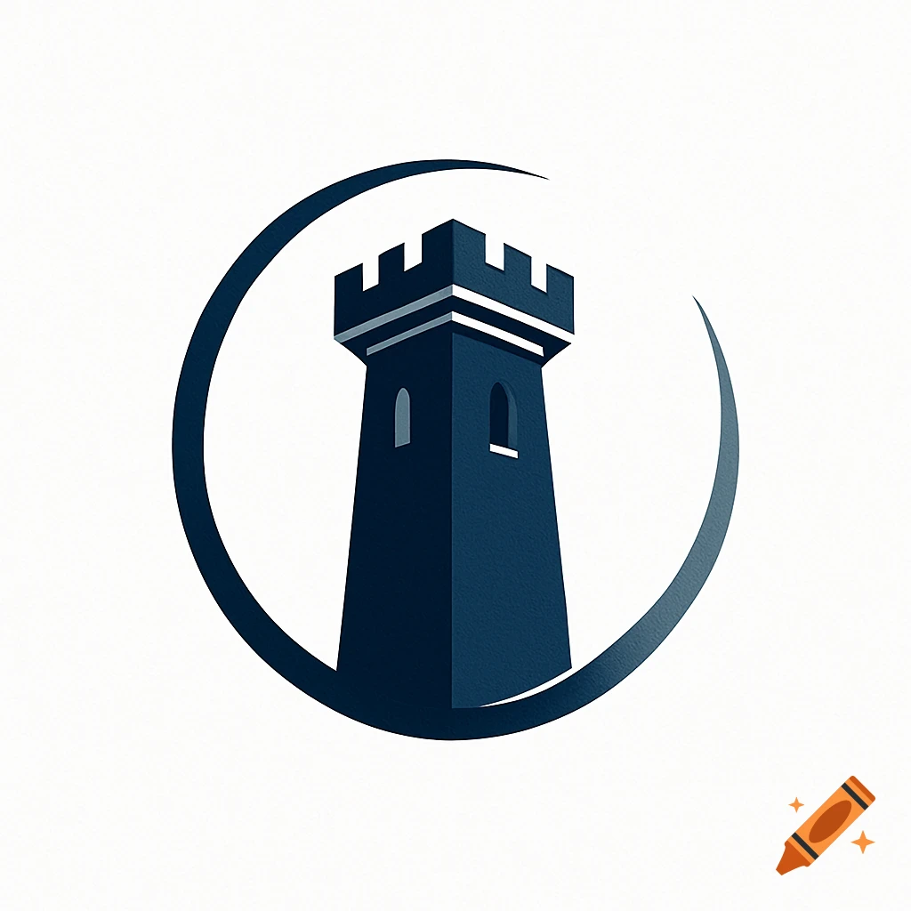 Stylized dark blue watchtower logo with battlements inside an incomplete circular arc on a white background.