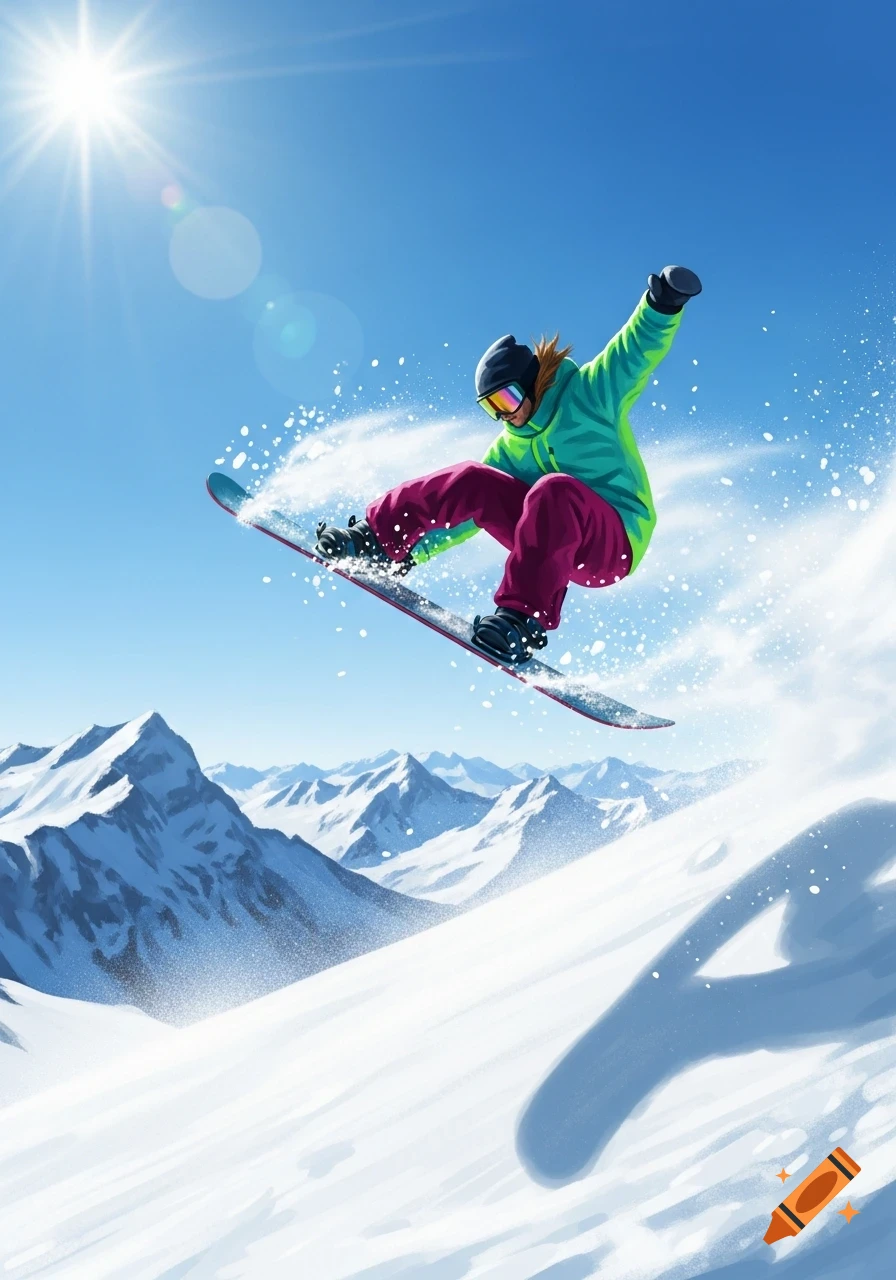 A snowboarder in a green jacket and pink pants jumps over snowy mountains under a bright sun and blue sky, kicking up snow.