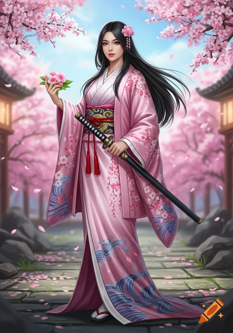 A beautiful woman in a pink kimono with cherry blossoms, holding a katana and flowers, in a traditional Japanese garden.
