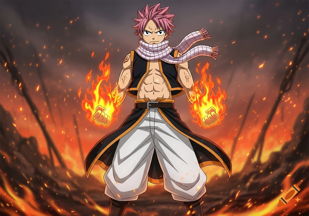 Natsu Dragneel from Fairy Tail, an anime male character, stands in a fiery landscape with his fists ablaze.