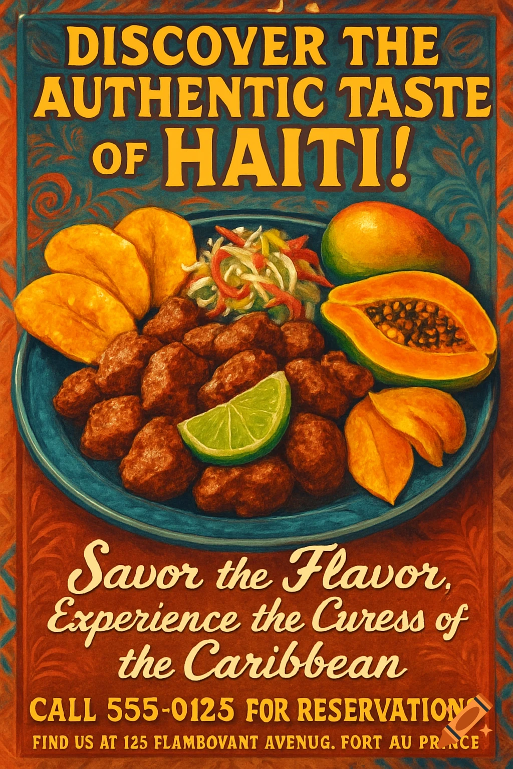 Vibrant vintage-style poster advertising authentic Haitian food, featuring a plate of fried meat, plantains, papaya, and a lime slice.