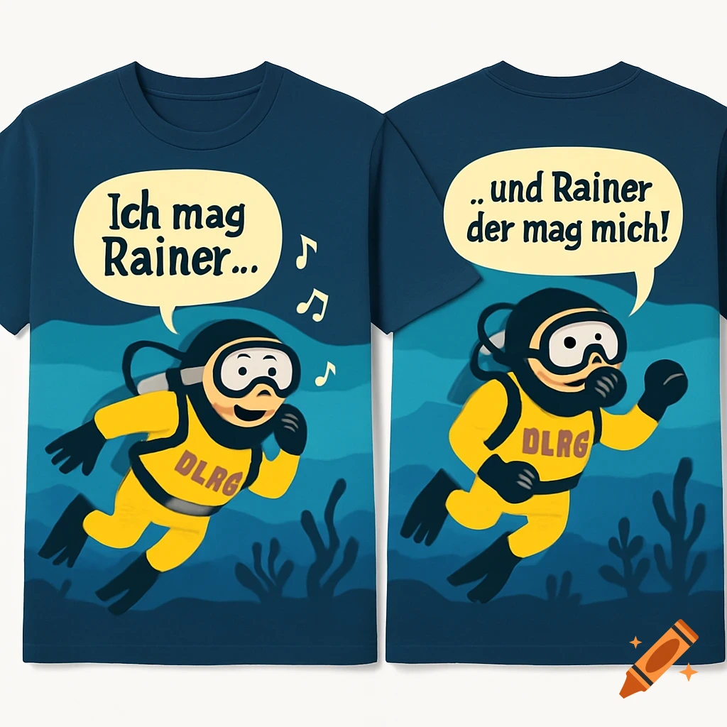 Two blue T-shirts with cartoon divers underwater. Front reads 'Ich mag Rainer...', back '...und Rainer der mag mich!'