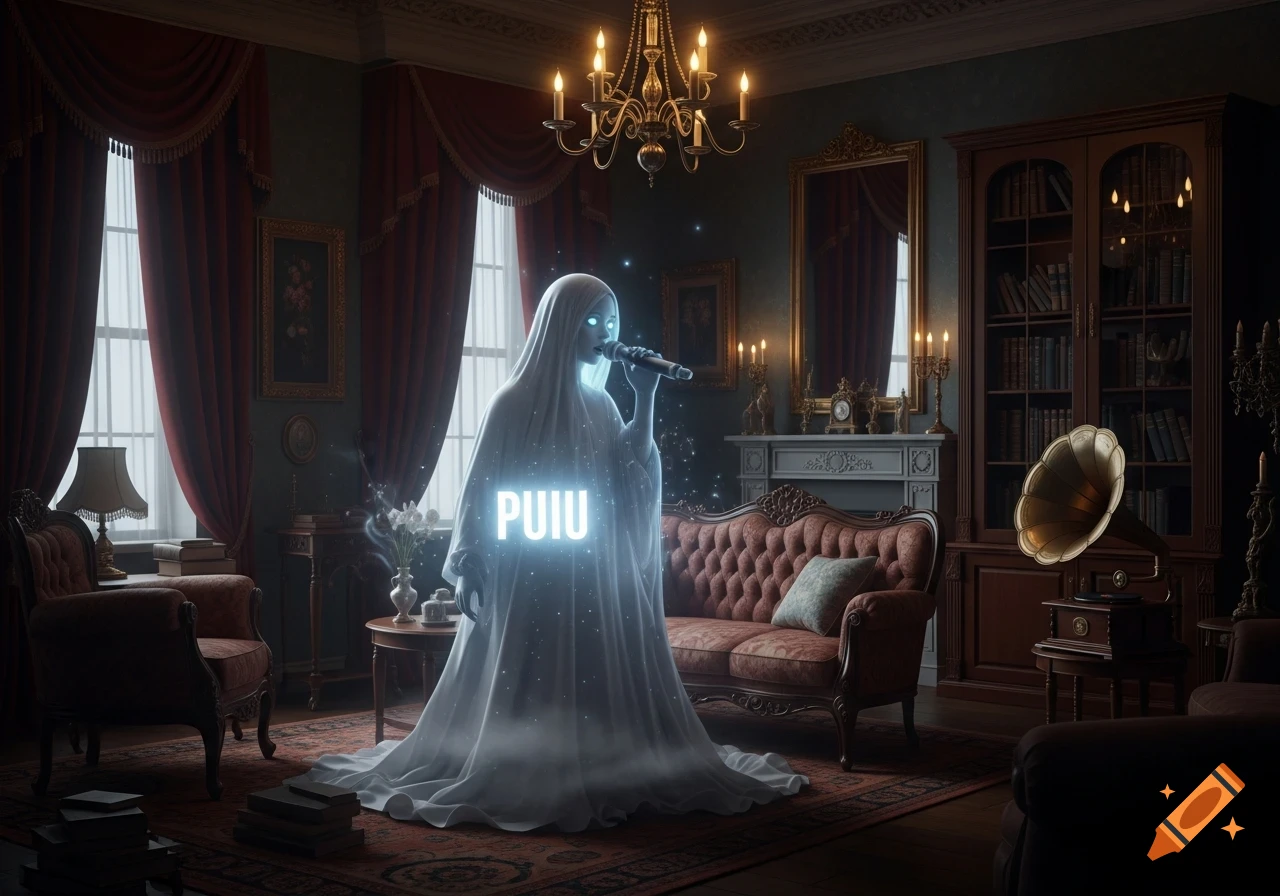 A glowing white ghost with bright eyes holds a microphone, standing in an ornate Victorian room with "PUIU" on its chest.