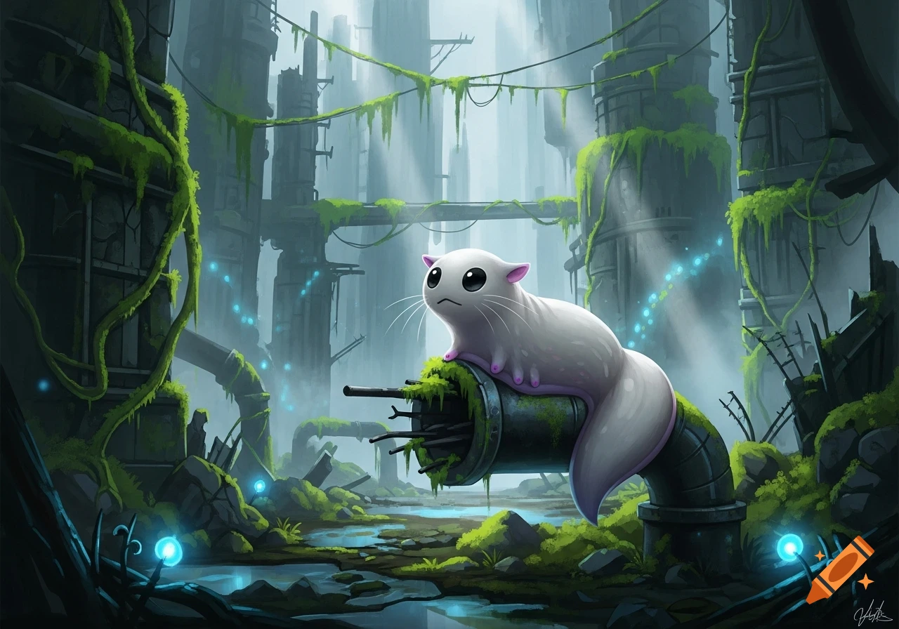 A cute white slugcat with big eyes sits on a moss-covered pipe in a misty, overgrown industrial ruin with glowing blue orbs, digital art.