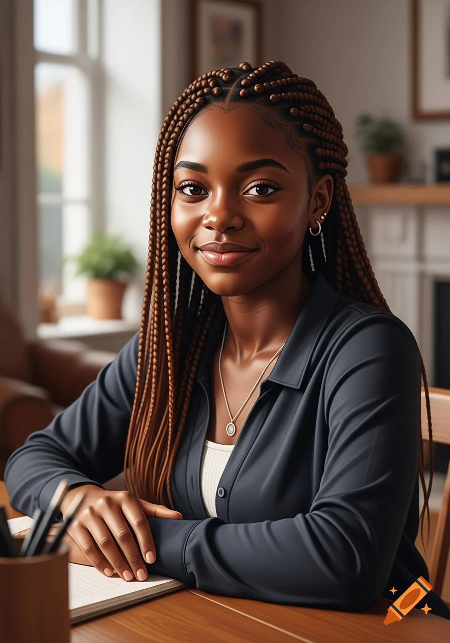 Photorealistic portrait of a smiling young woman with box braids, wearing a dark blue shirt, sitting at a wooden desk indoors.