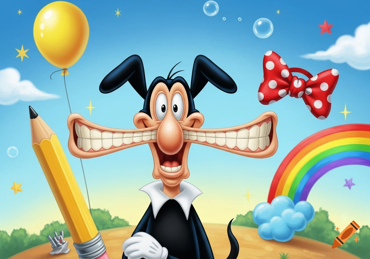 A cartoon character resembling Goofy with a wide, exaggerated smile stretches across its face. It's set against a blue sky with a yellow balloon, a giant pencil, a red polka-dot bow, and a rainbow.