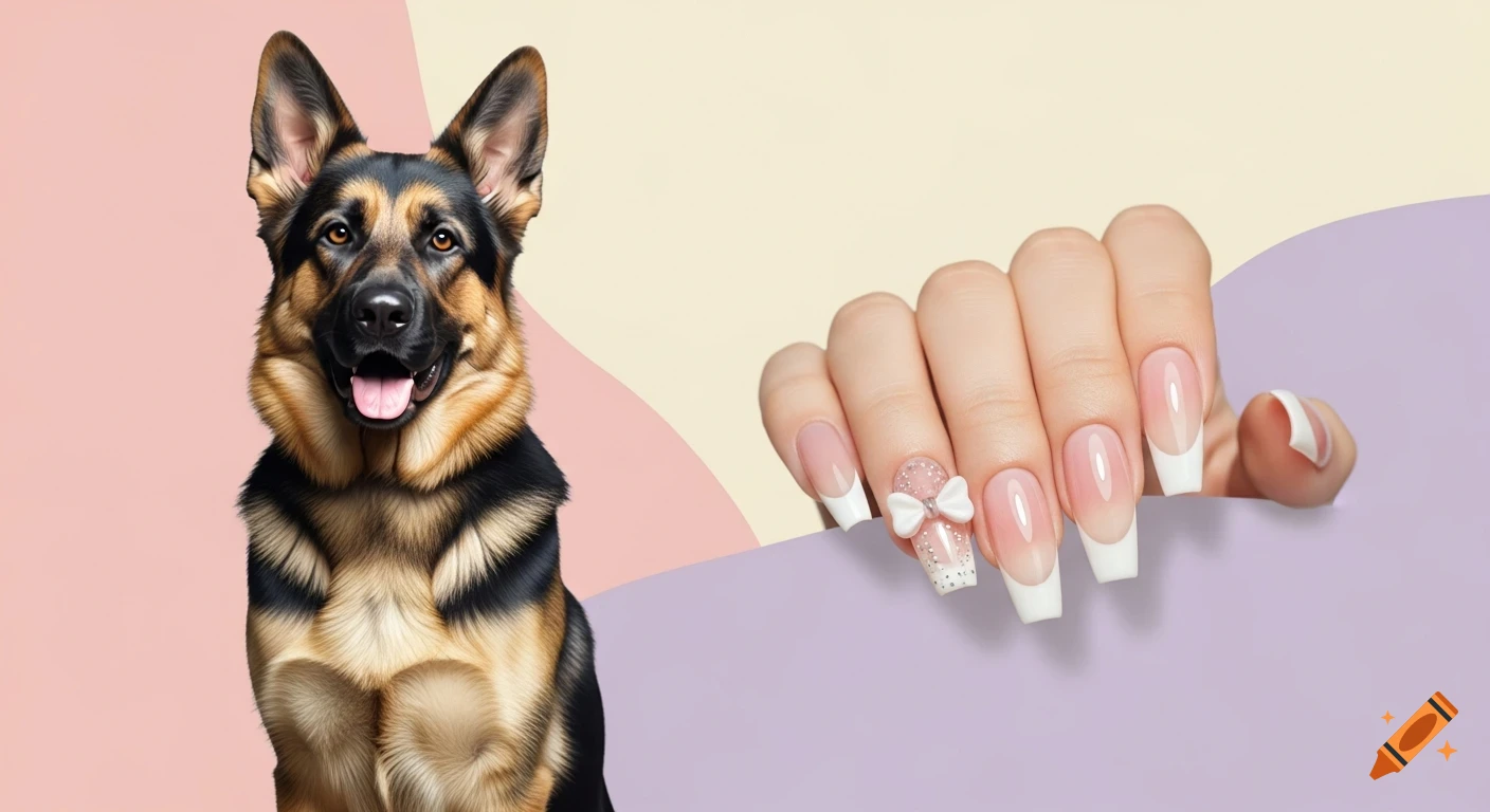 Photorealistic German Shepherd dog next to a hand with elegant French tip acrylic nails and bow accents on a pastel background.