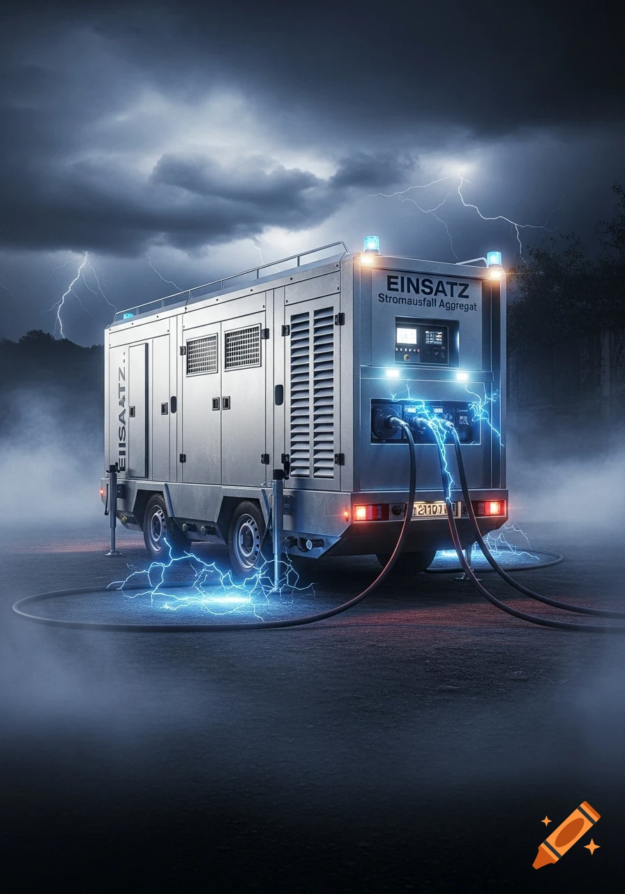 An emergency power generator trailer with blue flashing lights connected to the ground by thick cables, emitting blue electrical arcs. It's parked in a misty landscape under a stormy, lightning-filled sky.