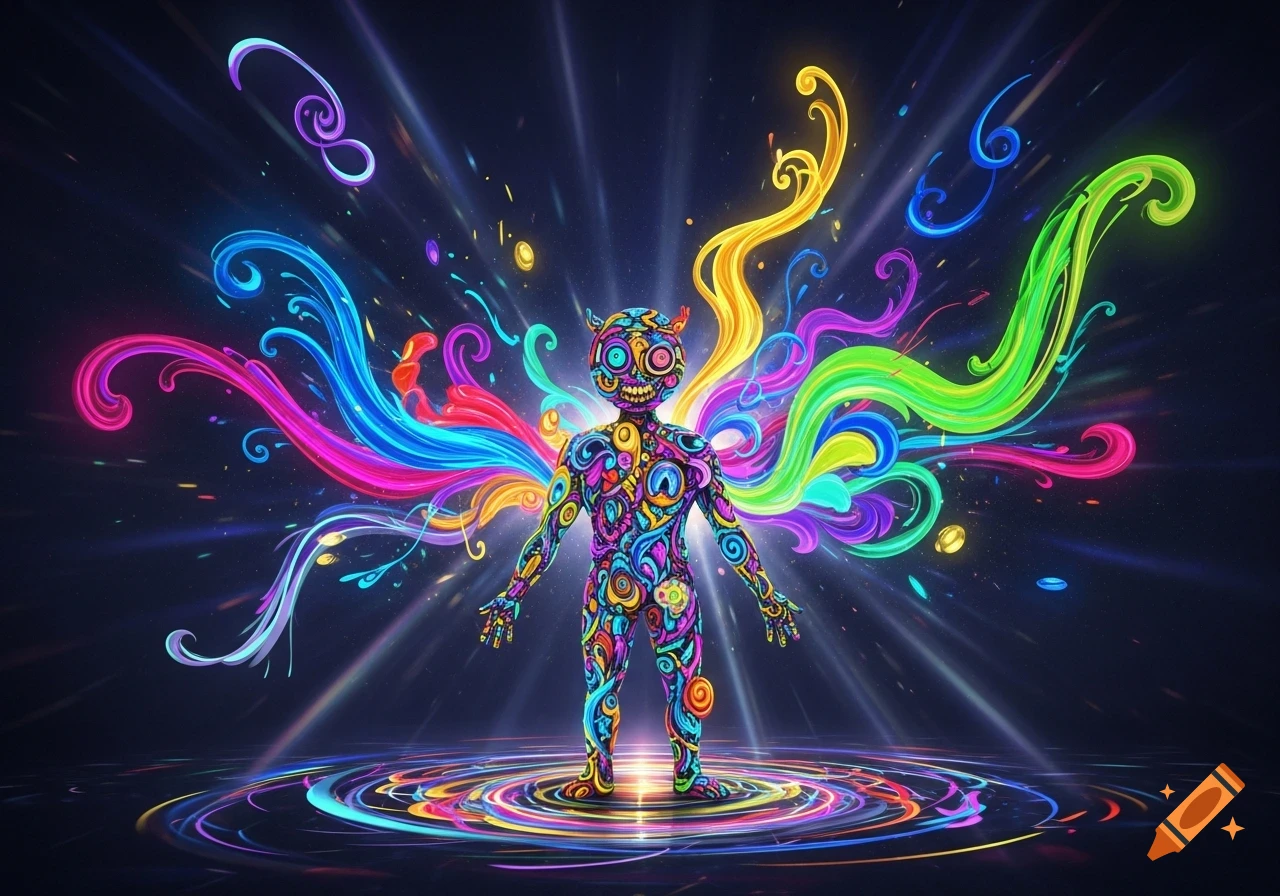 A vibrant, psychedelic, abstract humanoid figure stands with colorful swirls radiating from it against a dark, starry background.