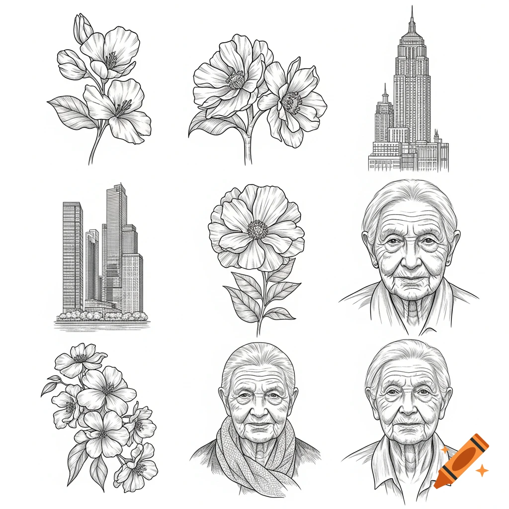 Line art drawings of flowers, buildings, and elderly faces in a grid.