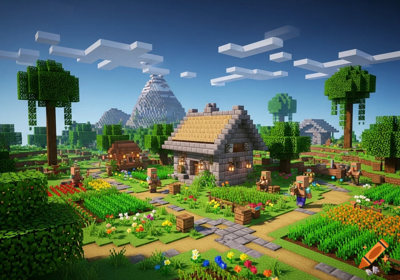 A vibrant Minecraft village with blocky stone houses, green fields, colorful crops, tall trees, and villager characters under a bright blue sky.