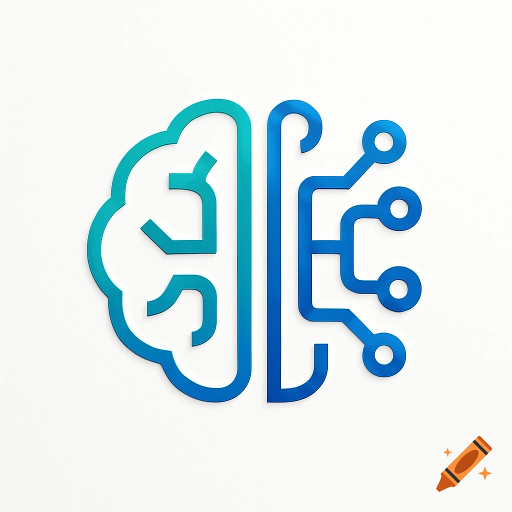 Stylized brain icon, half organic and half circuit board, with a blue-green gradient on a white background.