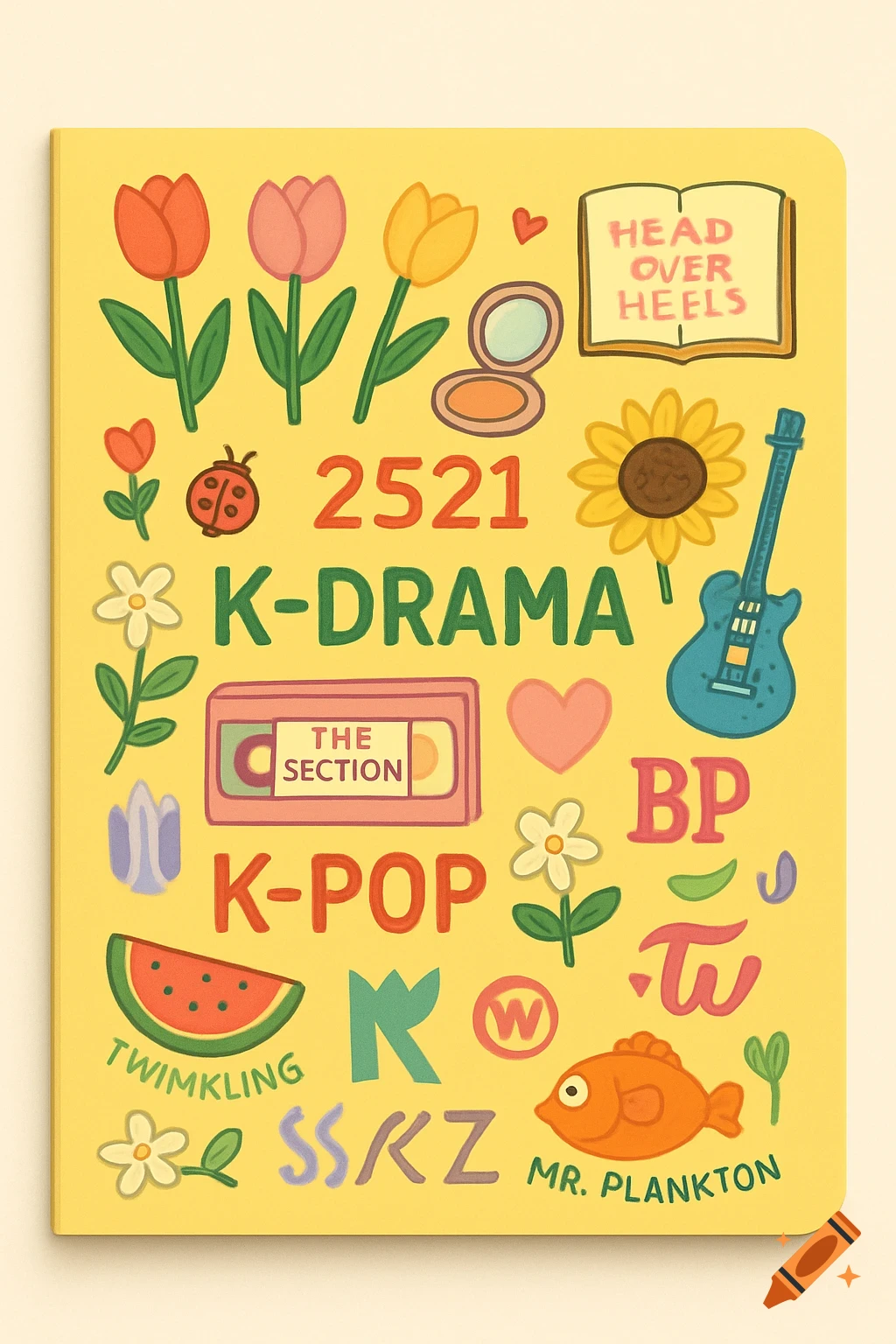 A vibrant, cartoonish illustration featuring elements related to K-pop and K-drama, including tulips, a ladybug, a book, a sunflower, a guitar, and various text phrases.