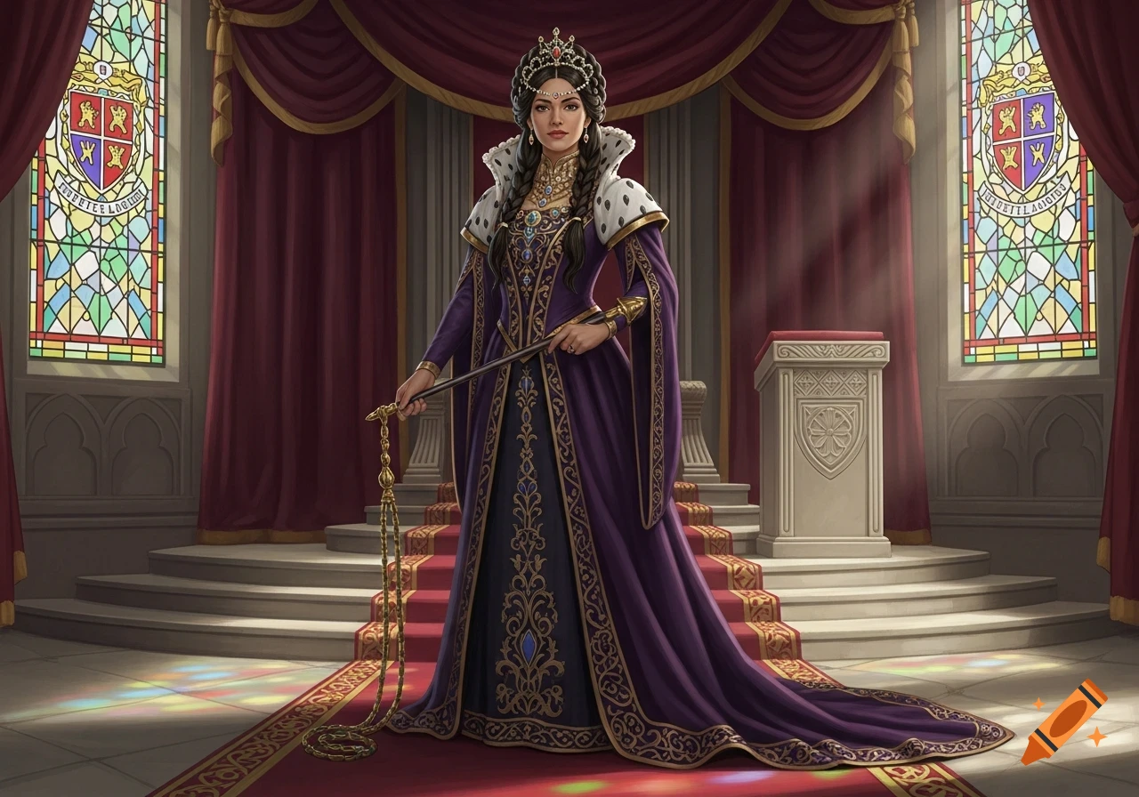 A queen in a purple and gold gown holds a scepter in a grand hall with stained-glass windows and red drapes.