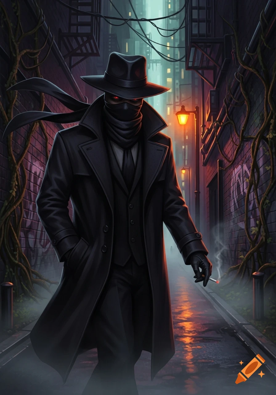A mysterious figure in a black trench coat and fedora, with glowing red eyes and a masked face, walks in a misty, neon-lit alley while holding a cigarette.
