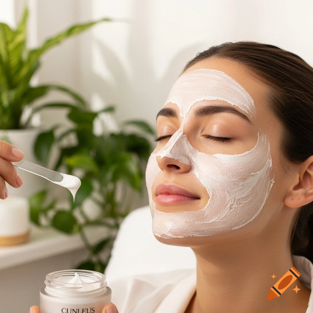 Woman with a white face mask on, eyes closed, receiving a treatment in a bright, plant-filled spa setting.