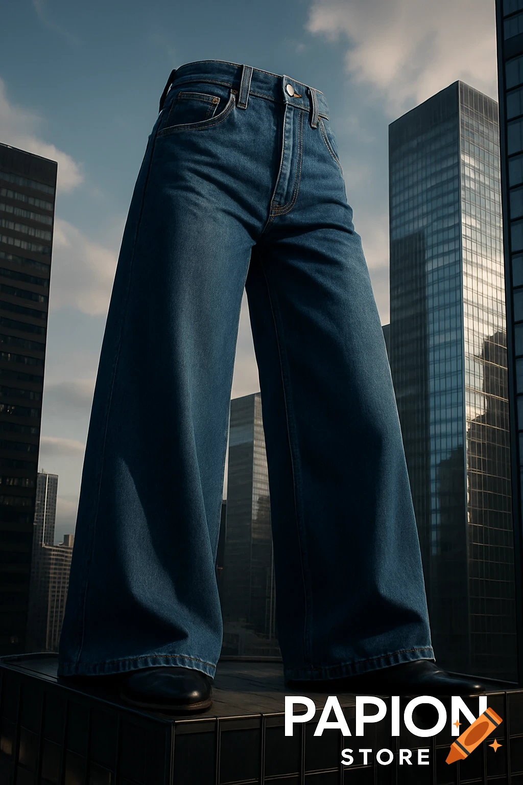 Giant wide-leg blue jeans standing on a skyscraper rooftop, with city buildings in the background and 'PAPION STORE' at the bottom.