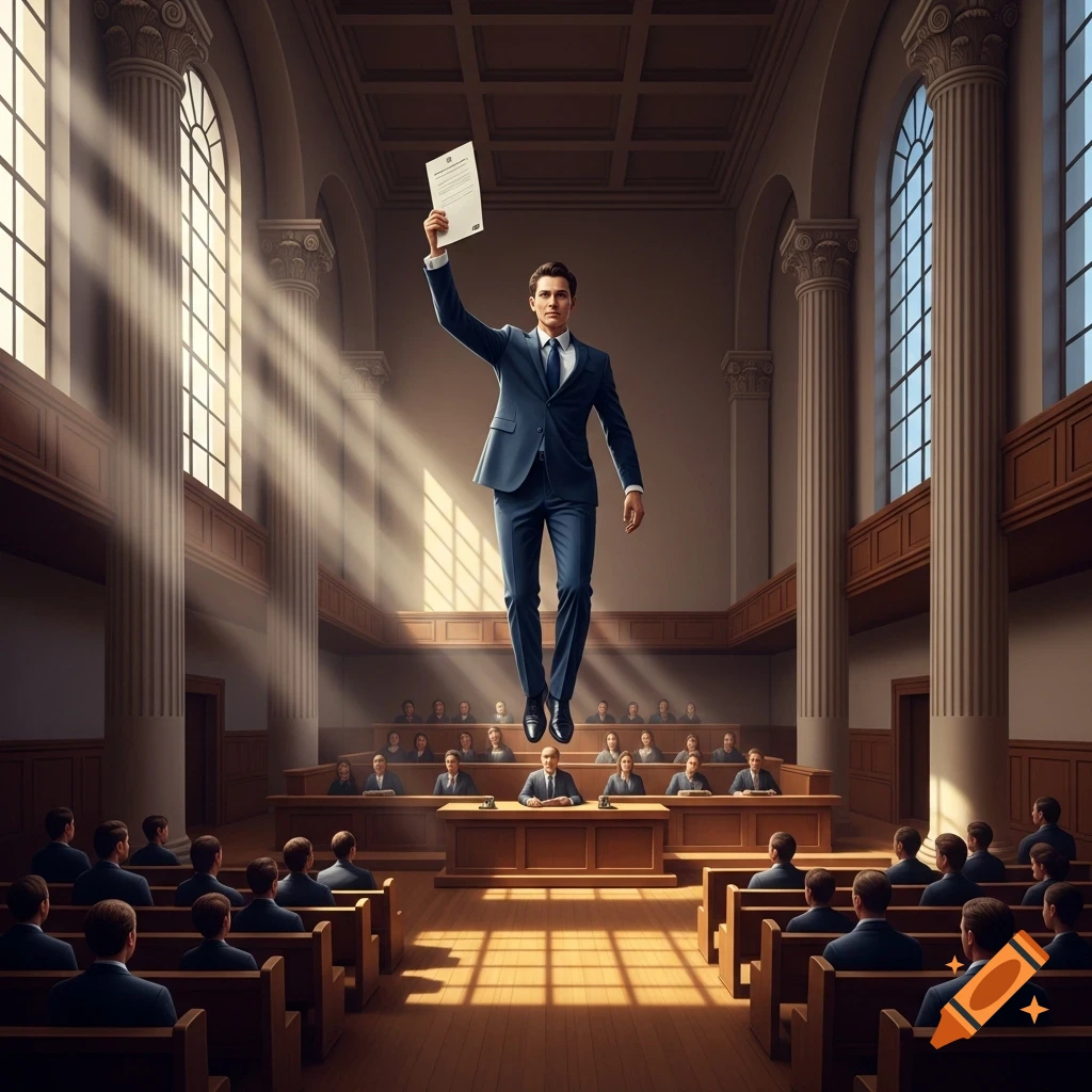 A lawyer in a suit floats dramatically in a courtroom, holding a document aloft as sunlight streams through tall windows.