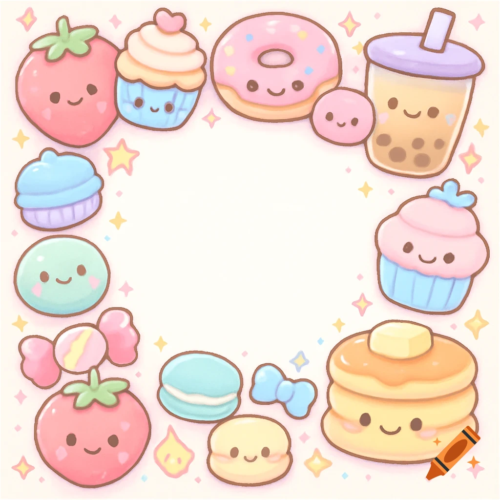 Kawaii pastel food border frame with smiling strawberries, cupcakes, donuts, boba tea, pancakes, and candy around an empty white space.