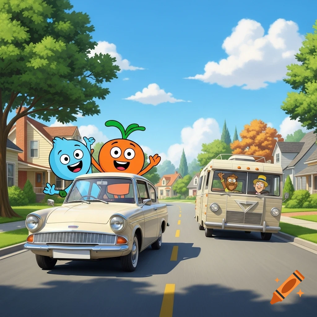 Two happy cartoon characters wave from a beige car as two men wave from a camper van on a sunny suburban street.