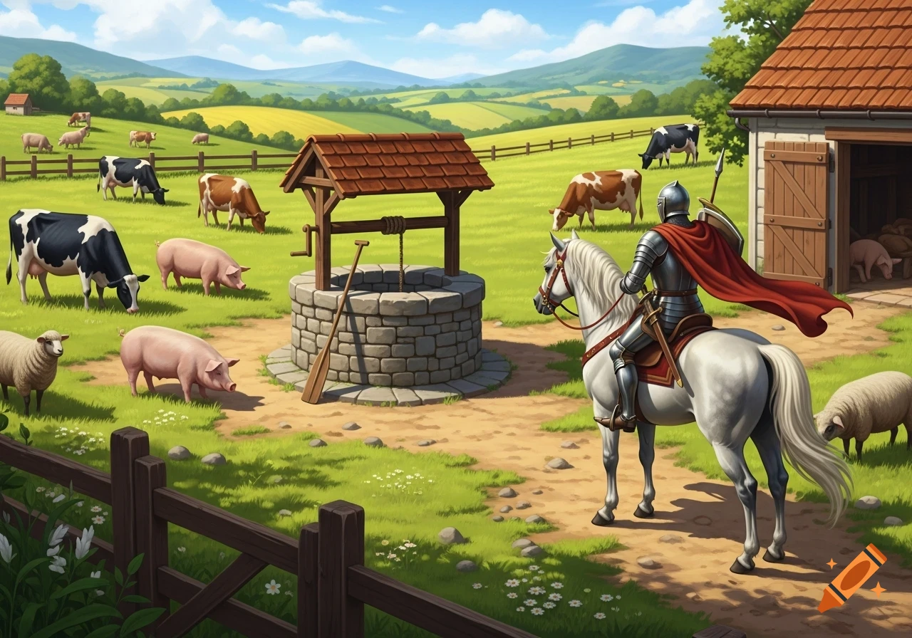 A knight on a white horse rides into a sunny farmyard with cows, pigs, sheep, and a stone well under a blue sky.