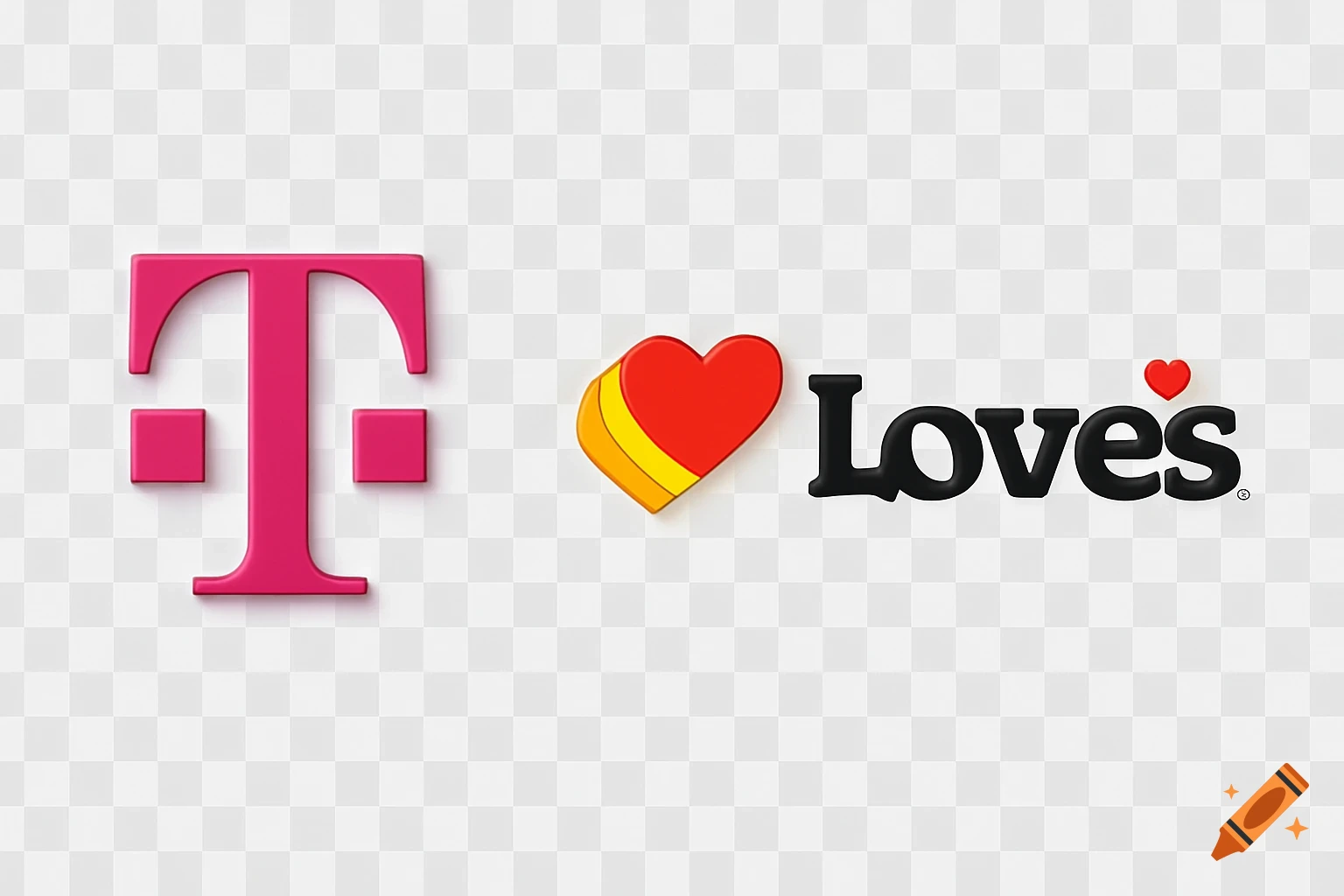 The pink T-Mobile logo next to a red and yellow heart icon and the black Love's logo, set against a transparent background.