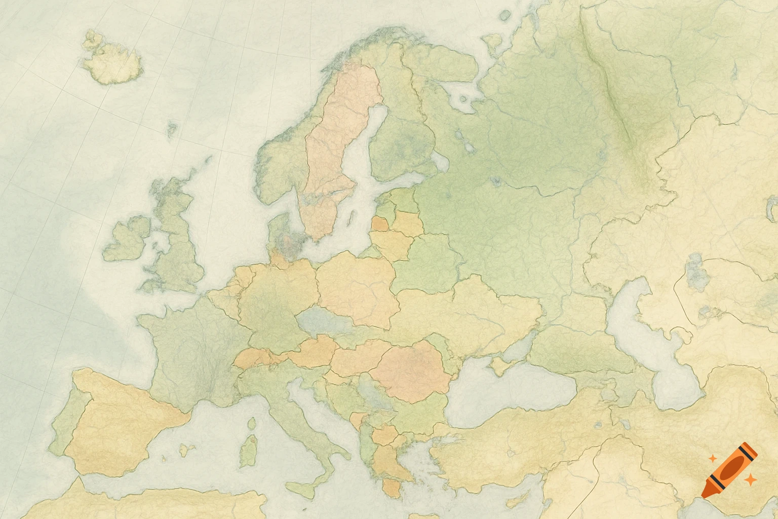 A vintage-style political map of Europe, showing country borders from Greenland to Kazakhstan and Svalbard to Saudi Arabia.