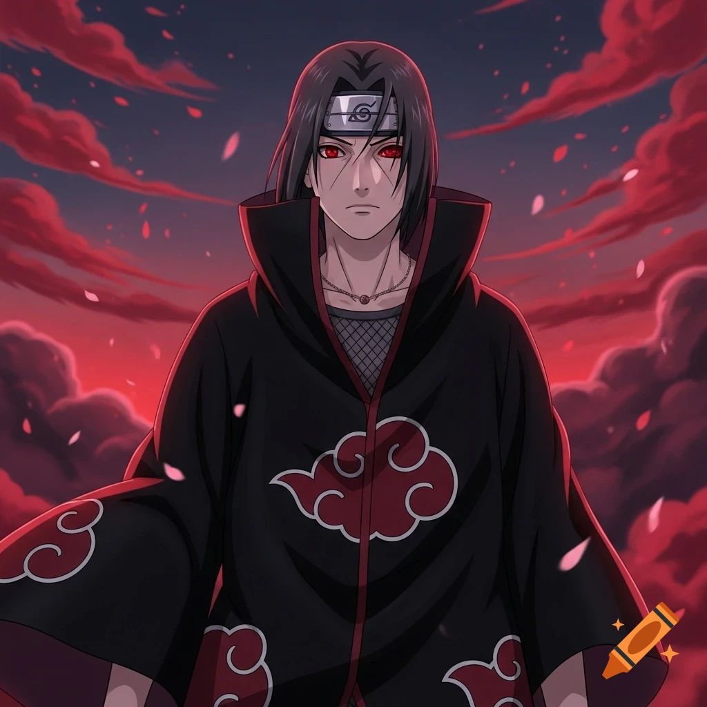 Anime portrait of Itachi Uchiha with red Sharingan eyes, wearing an Akatsuki robe against a dramatic red sky.