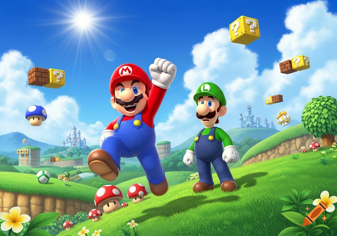 Mario and Luigi in a vibrant, sunny Super Mario landscape with question blocks, mushrooms, and castles.