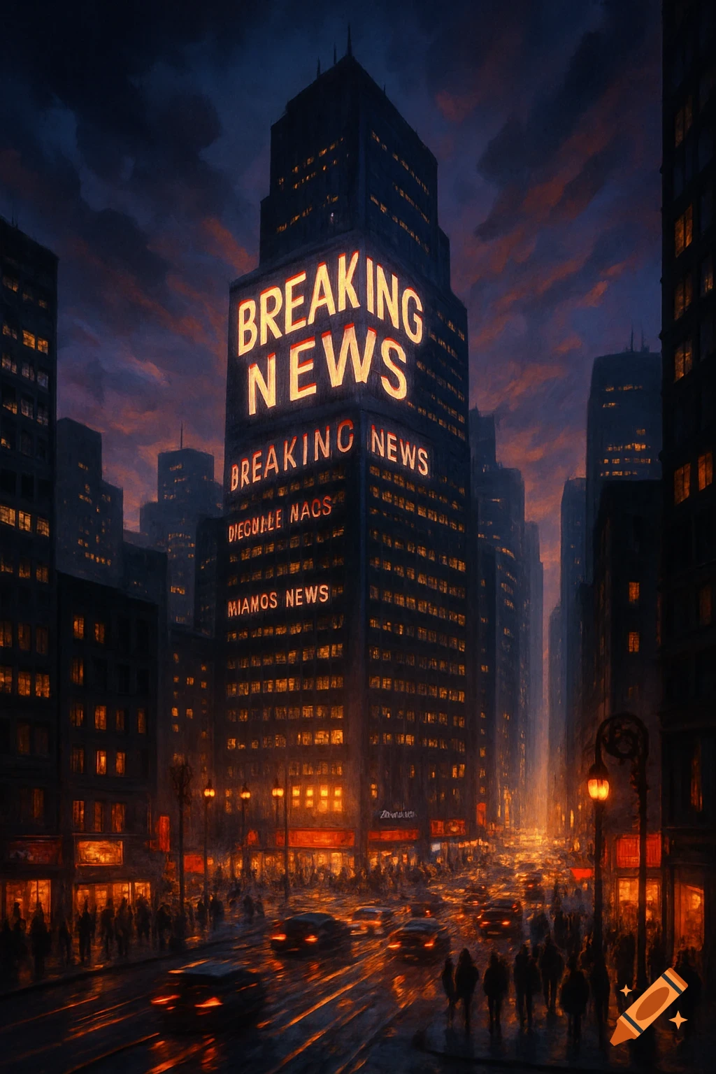 An evening cityscape with a large skyscraper displaying bright "BREAKING NEWS" signs, with other buildings and a busy street with cars and pedestrians below, in a painterly style.