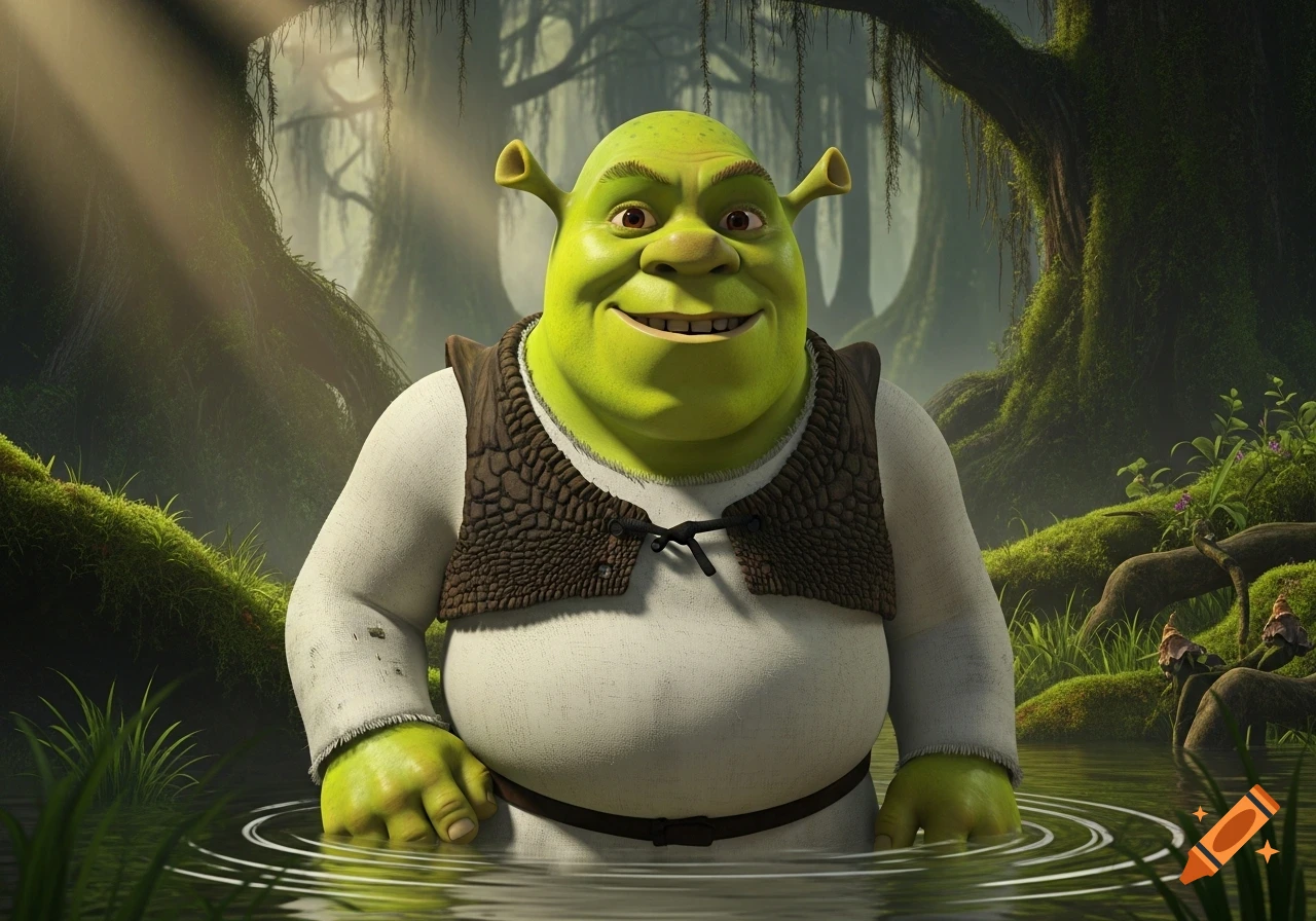 Realistic depiction of Shrek smiling in a swamp, partially submerged in water, surrounded by lush green foliage and trees.