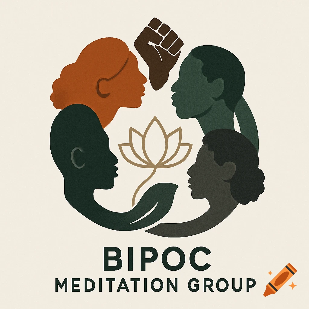 Logo for BIPOC Meditation Group with diverse silhouettes, a raised fist, and a lotus blossom.
