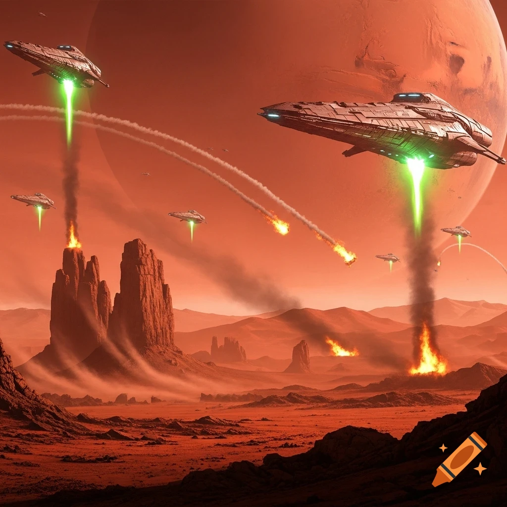 Futuristic spaceships launch green lasers and missiles onto a red, rocky Martian landscape, causing explosions and smoke, with Mars in the background.