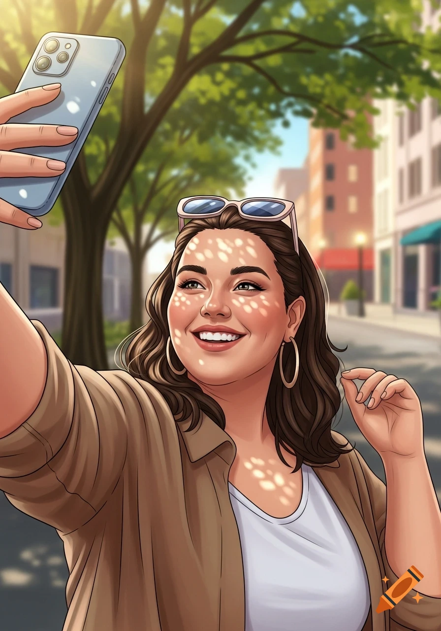 An illustrated woman smiling and taking a selfie with a phone on a sunny city street.