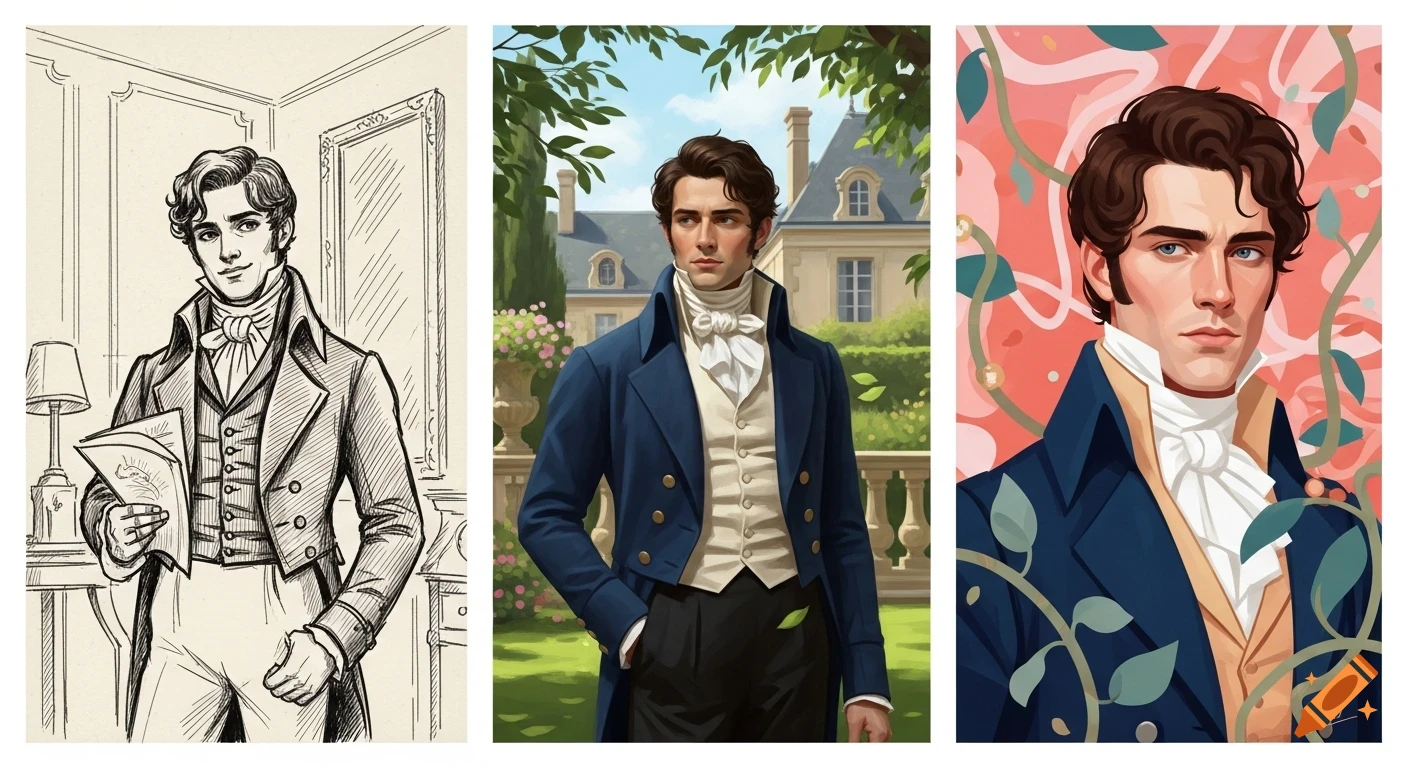 Triptych of a young 19th-century French nobleman in three distinct art styles: a sketch, a painterly garden portrait, and a graphic novel close-up.