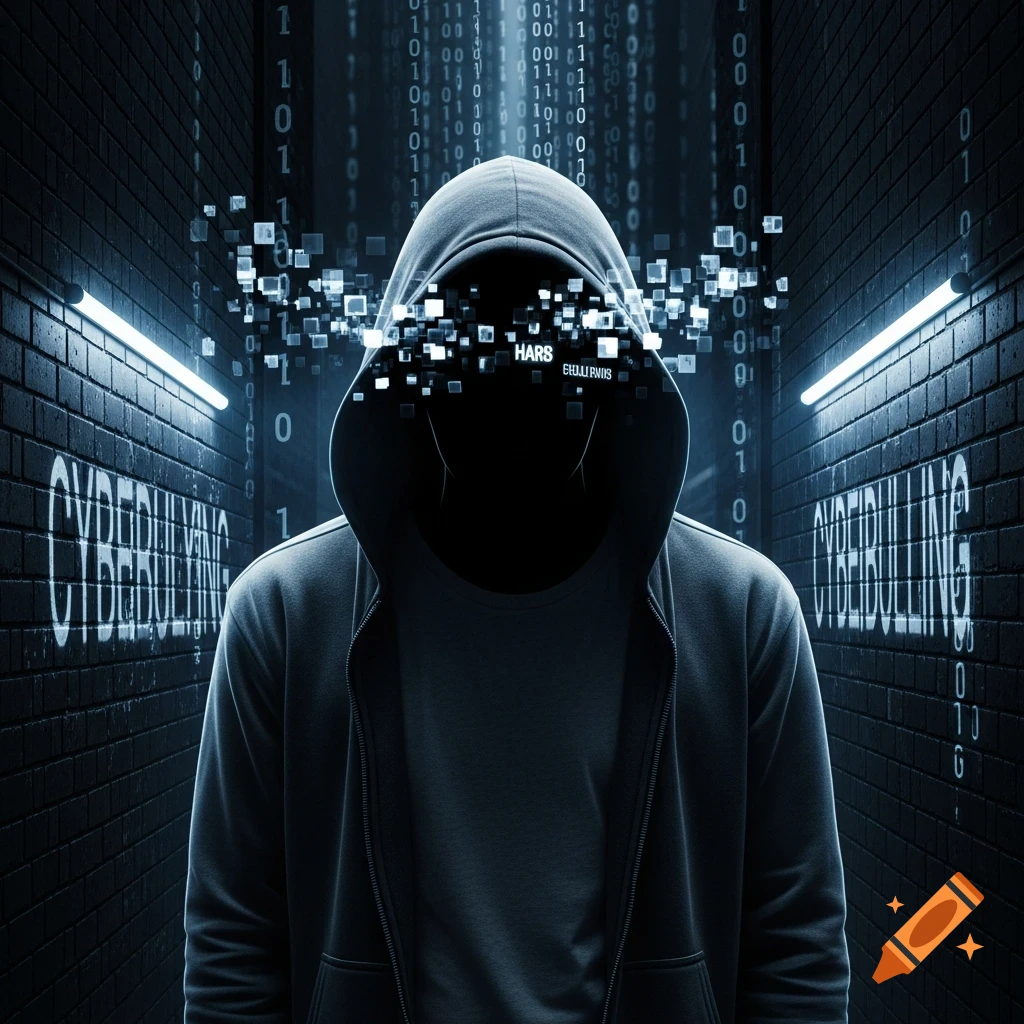A hooded figure with a pixelated, data-fragmented face stands in a dark alley with binary code and glowing "CYBERBULLING" text on the brick walls.