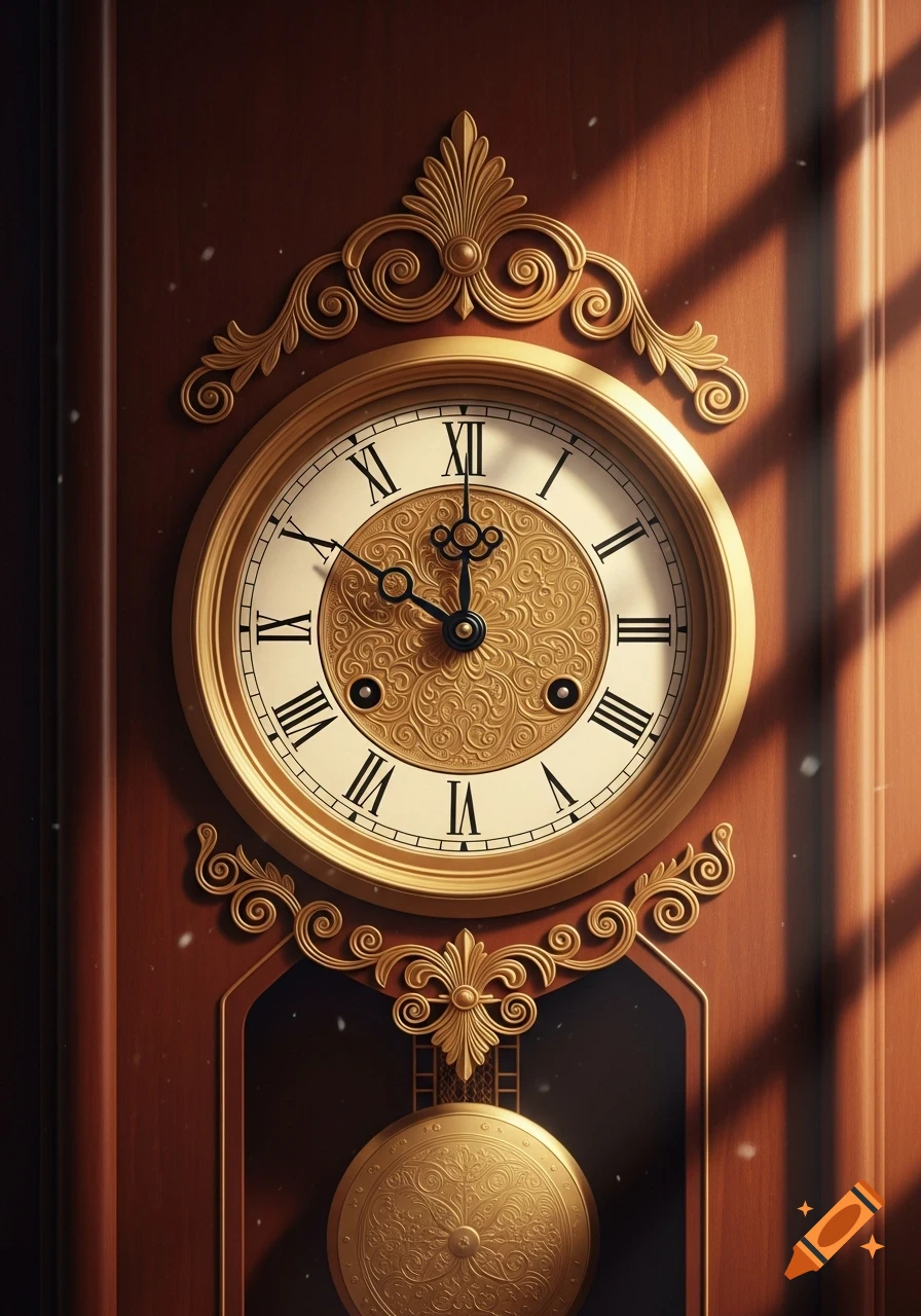Ornate golden and dark wood grandfather clock with Roman numerals, illuminated by sunlight streaming through a window.