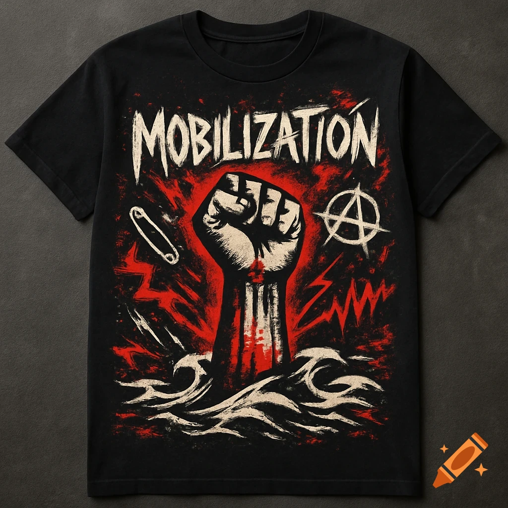 Black t-shirt with a punk-style graphic featuring a raised fist, "MOBILIZATION" text, and an anarchy symbol amidst grunge elements.