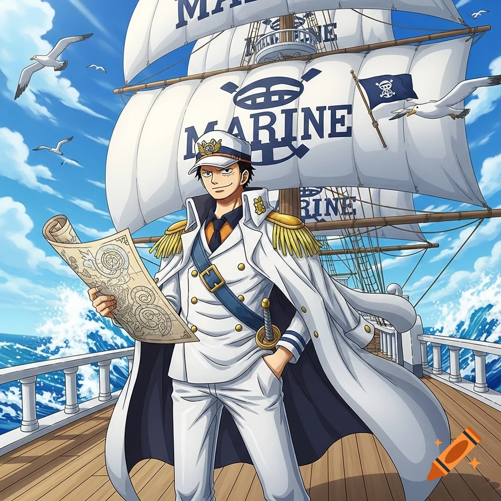 A young anime marine officer in a white uniform holds a map on a ship with 'MARINE' on its sails, under a blue sky.