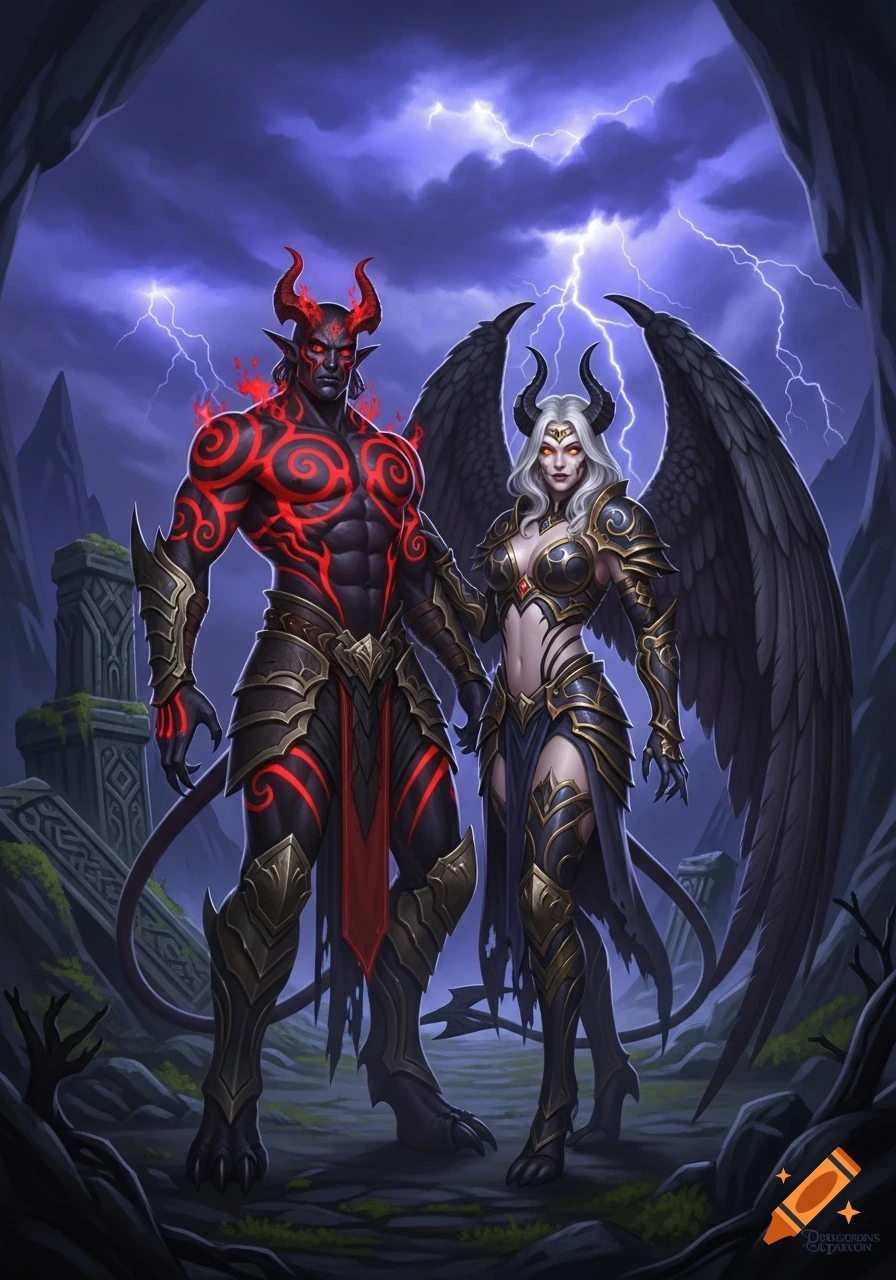 A male and female cambion in dark fantasy armor stand together under a stormy, lightning-filled sky, surrounded by ancient ruins, in a digital art style.