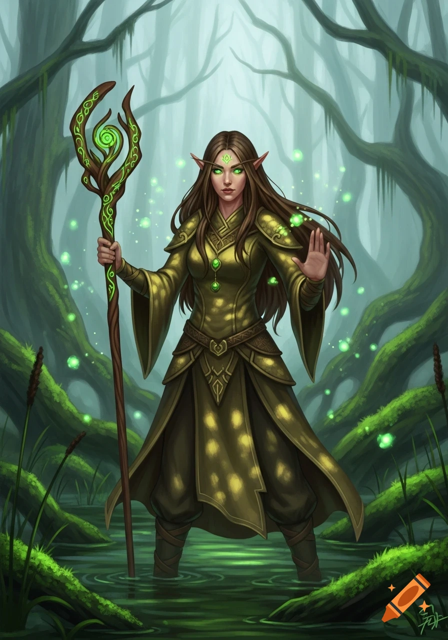 A female elf druid with long brown hair and glowing green eyes casts a spell with a staff in a misty swamp, surrounded by green light.