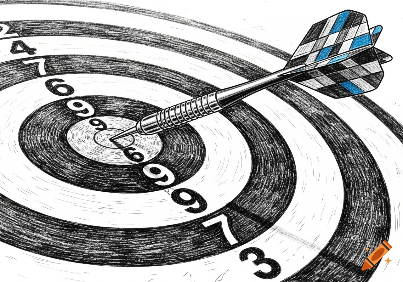 A black and white sketch illustration of a dart with blue fletching hitting the bullseye of a dartboard with various numbers.